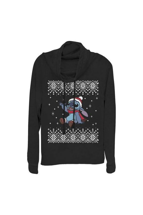 Junior's Lilo & Stitch Alien Christmas Sweater Cowl Neck Sweatshirt