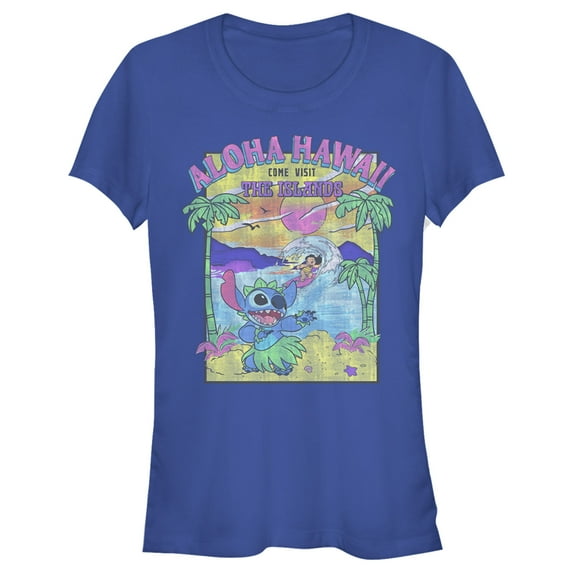 Junior's Lilo & Stitch Aloha Hawaii Come Visit the Islands Graphic Tee Royal Blue 2X Large