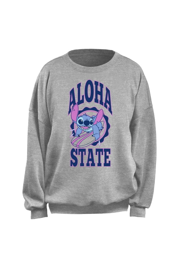 Junior's Lilo & Stitch Aloha State Stitch Surf Sweatshirt Heather Gray X Small