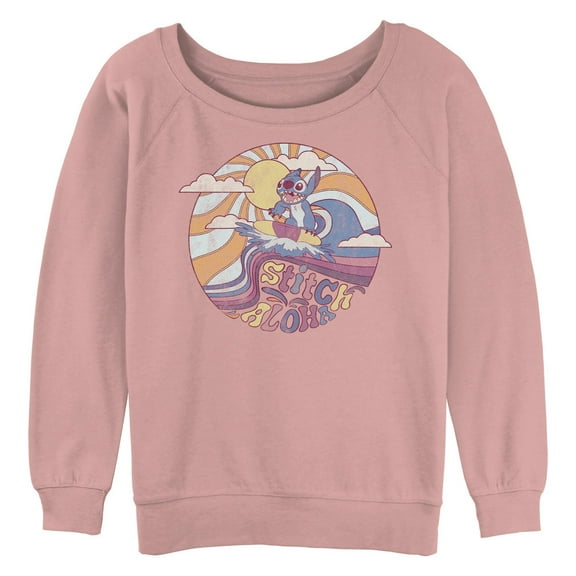 Junior's Lilo & Stitch Aloha Stitch Distressed Surf Circle  Sweatshirt