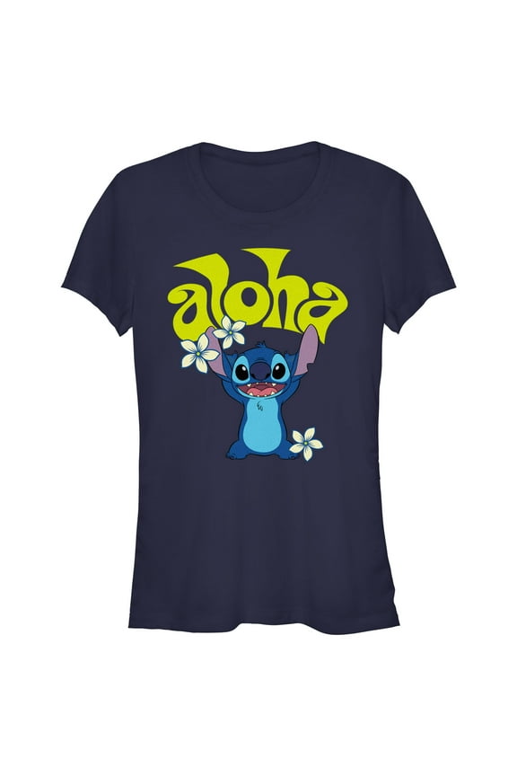 Junior's Lilo & Stitch Aloha Wavy Text Graphic Tee Navy Blue Medium