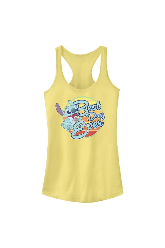 Junior's Lilo & Stitch Best Day Ever Stitch Racerback Tank Top Banana Small
