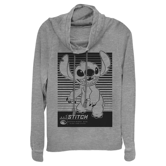 Junior's Lilo & Stitch Black and White Tonal Cowl Neck Sweatshirt Gray Heather Large