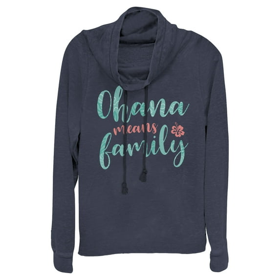Junior's Lilo & Stitch Blue and Red Ohana means Family Cowl Neck Sweatshirt Navy Blue Large