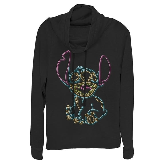 Junior's Lilo & Stitch Bright Neon Outline Cowl Neck Sweatshirt Black X Small