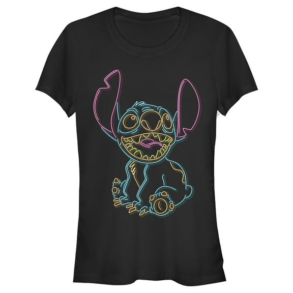 Junior's Lilo & Stitch Bright Neon Outline  Graphic Tee Black X Large