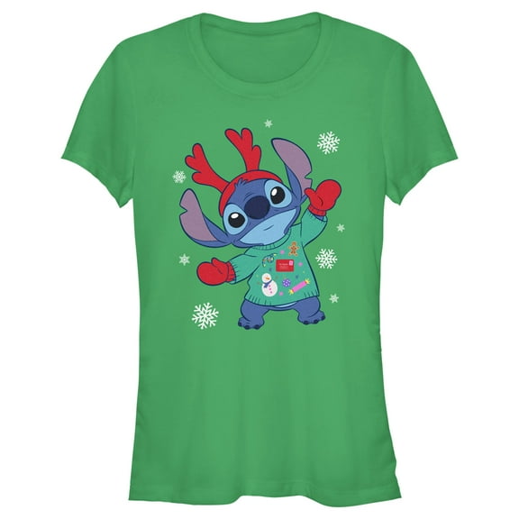 Junior's Lilo & Stitch Christmas Outfit Stitch Graphic Tee Kelly Green X Large