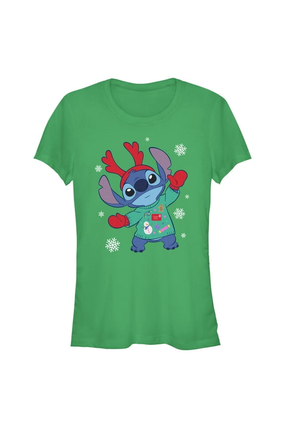 Junior's Lilo & Stitch Christmas Outfit Stitch Graphic Tee Kelly Green X Large