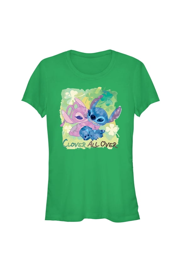 Junior's Lilo & Stitch Clover All Over Graphic Tee Kelly Green Small