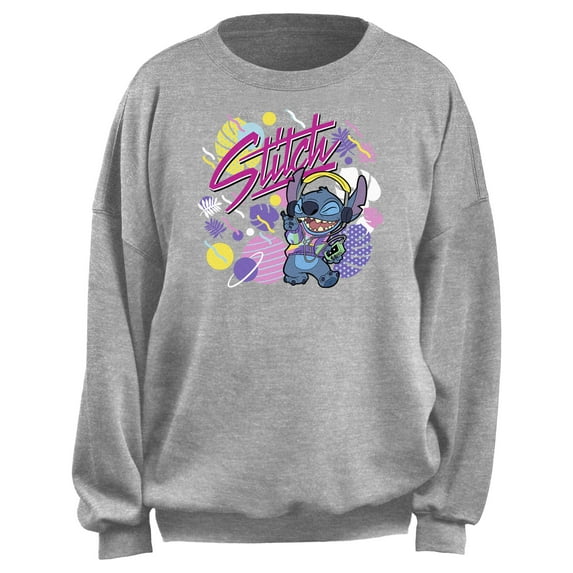 Junior's Lilo & Stitch Colorful 90s Retro Stitch Sweatshirt Heather Gray Small