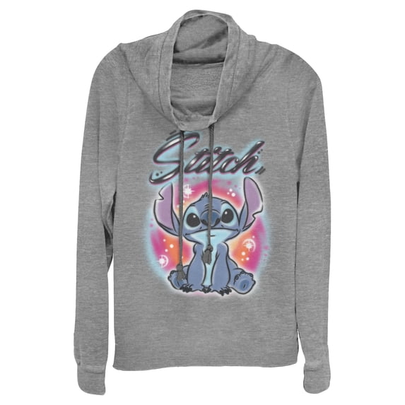 Junior's Lilo & Stitch Colorful Airbrush Cowl Neck Sweatshirt Gray Heather Large