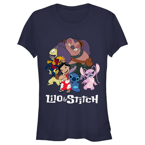 Junior's Lilo & Stitch Crew Logo  Graphic Tee Navy Blue Large