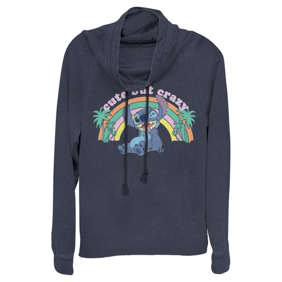 Junior's Lilo & Stitch Cute But Crazy Cowl Neck Sweatshirt Navy Blue X Large