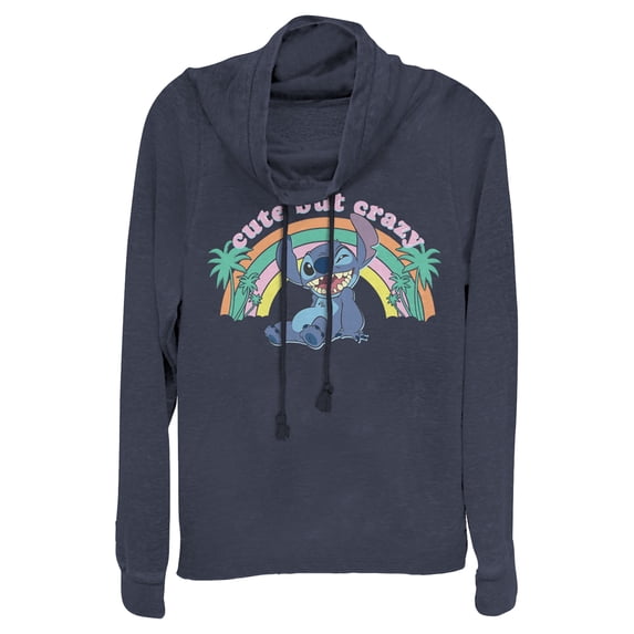 Junior's Lilo & Stitch Cute But Crazy Cowl Neck Sweatshirt Navy Blue X Small