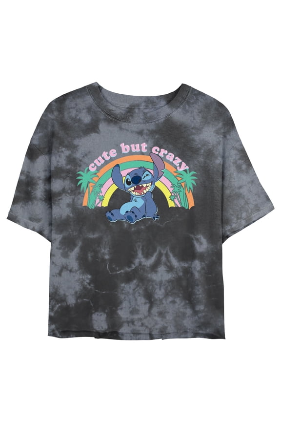 Junior's Lilo & Stitch Cute But Crazy Graphic Crop T-Shirt Black/Charcoal Large