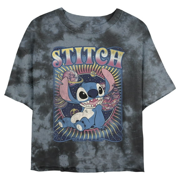 Junior's Lilo & Stitch Distressed Groovy Planets Stitch Graphic Crop T-Shirt Black/Charcoal Small