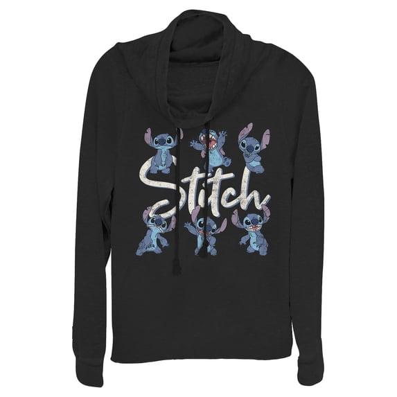 Junior's Lilo & Stitch Distressed Poses Cowl Neck Sweatshirt Black X Large