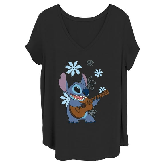 Junior's Lilo & Stitch Floral Ukulele Dance Graphic Tee Black 3X