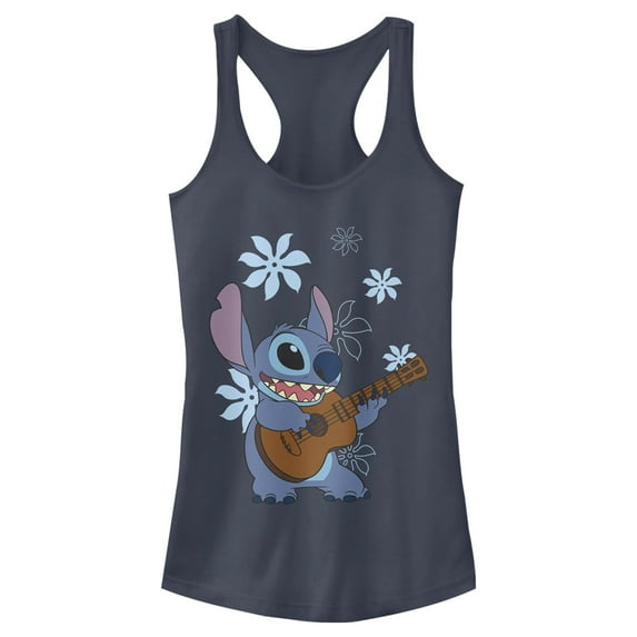Junior's Lilo & Stitch Floral Ukulele Dance Racerback Tank Top Indigo 2X Large