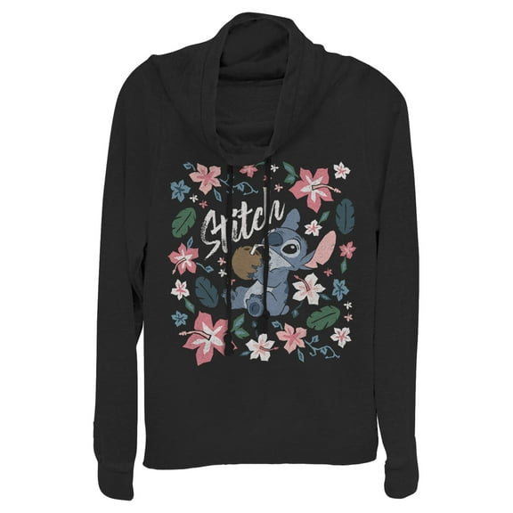 Junior's Lilo & Stitch Flowers and a Coconut Cowl Neck Sweatshirt Black Medium