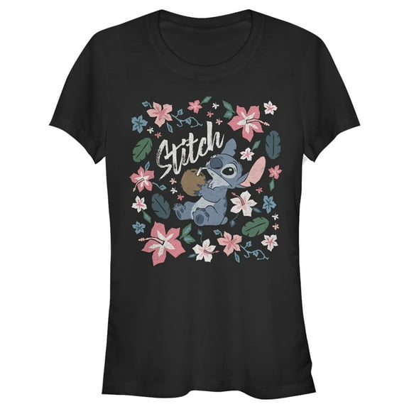 Junior's Lilo & Stitch Flowers and a Coconut  Graphic Tee Black 2X Large