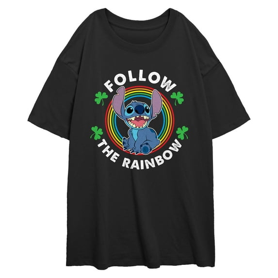 Junior's Lilo & Stitch Follow The Rainbow Distressed Graphic T-Shirt