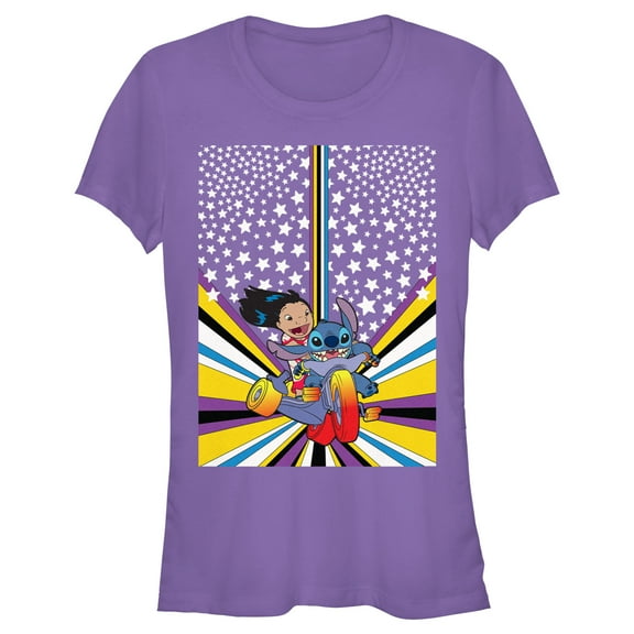 Junior's Lilo & Stitch Friends on Bike Poster  Graphic Tee Purple X Large