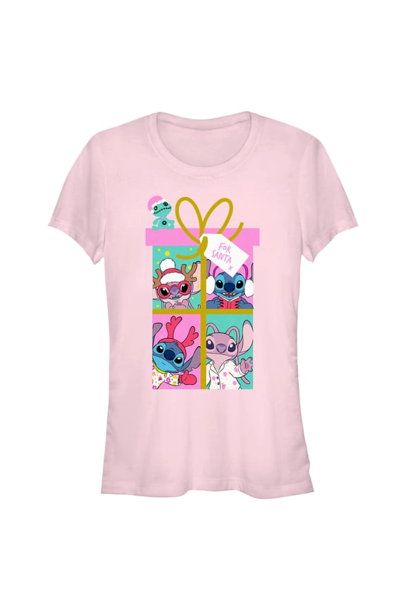 Junior's Lilo & Stitch Gift For Santa Graphic Tee Light Pink Large
