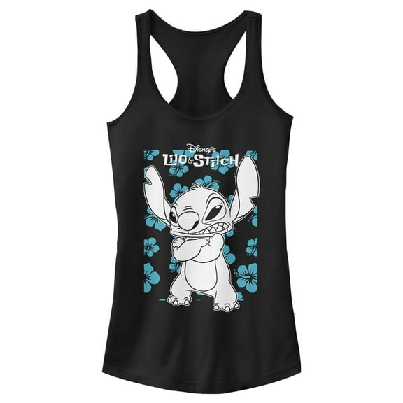 Junior's Lilo & Stitch Grumpy Blue Flowers  Racerback Tank Top Black Small