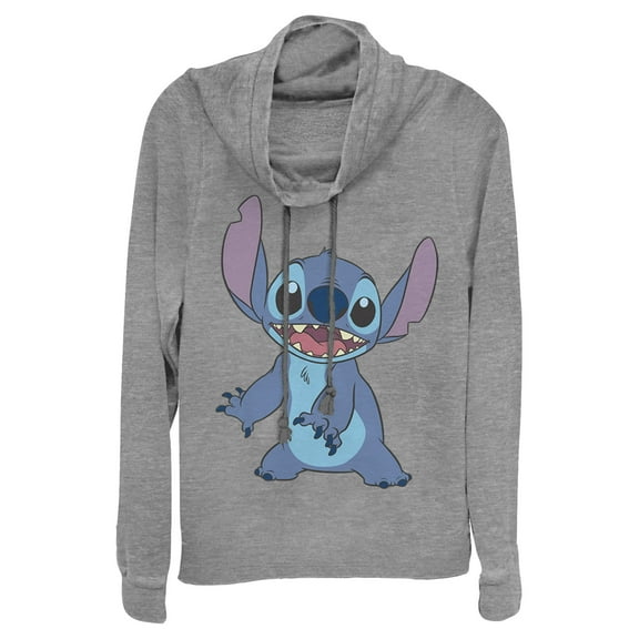 Junior's Lilo & Stitch Happy to See Me Cowl Neck Sweatshirt Gray Heather Medium
