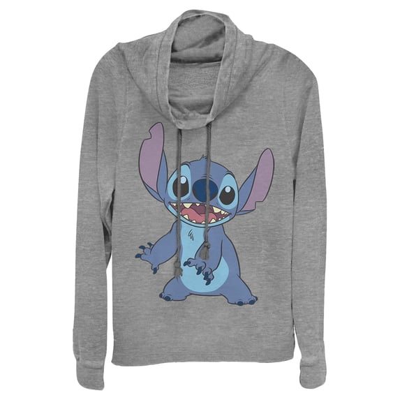 Junior's Lilo & Stitch Happy to See Me Cowl Neck Sweatshirt Gray Heather X Small