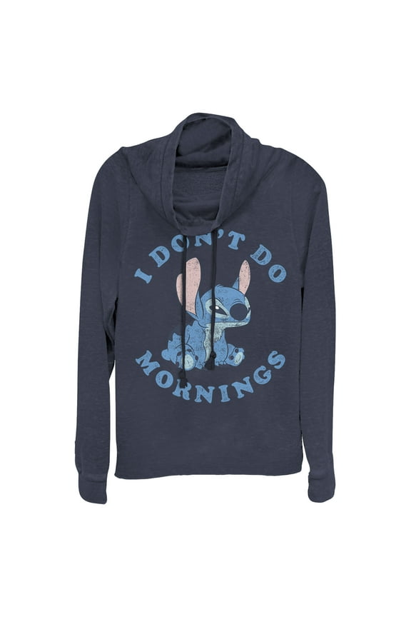 Junior's Lilo & Stitch I Don't Do Mornings Light Blue Cowl Neck Sweatshirt Navy Blue 2X Large
