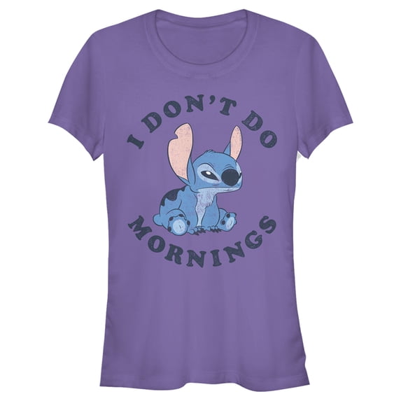 Junior's Lilo & Stitch I Don't Do Mornings Stitch Distressed Graphic Tee Purple Large