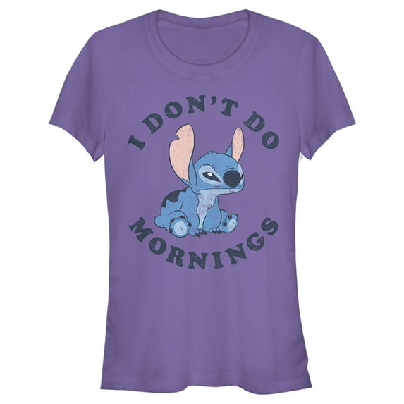 Junior's Lilo & Stitch I Don't Do Mornings Stitch Distressed Graphic Tee Purple X Large