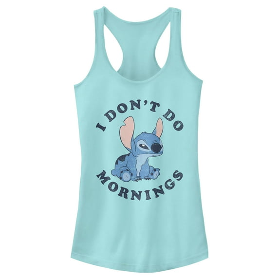 Junior's Lilo & Stitch I Don't Do Mornings Stitch Distressed Racerback Tank Top Cancun Small