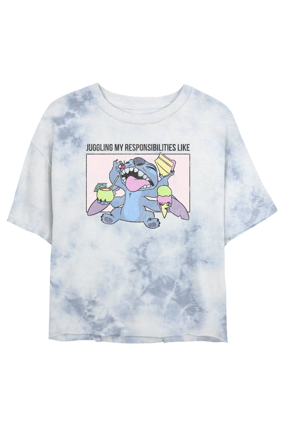 Junior's Lilo & Stitch Juggling my Responsibilities Like Crop Graphic Tee White/Blue Small