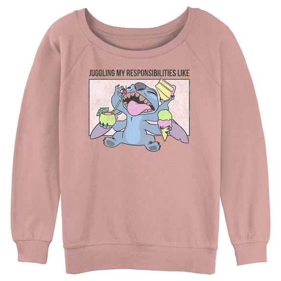 Junior's Lilo & Stitch Juggling my Responsibilities Like Sweatshirt Desert Pink 2X Large