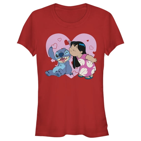 Junior's Lilo & Stitch Kisses Graphic Tee Red 2X Large