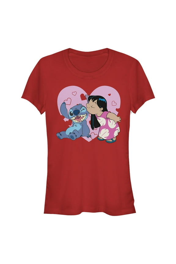 Junior's Lilo & Stitch Kisses Graphic Tee Red Large