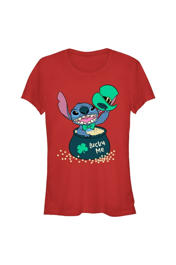 Junior's Lilo & Stitch Lucky Me Leprechaun Stitch Graphic Tee Red Medium