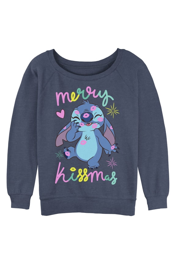 Junior's Lilo & Stitch Merry Kissmas Sweatshirt Blue Heather Medium