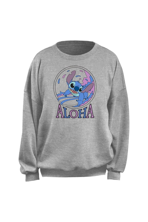 Junior's Lilo & Stitch Pink and Blue Aloha Surf Sweatshirt Heather Gray Large