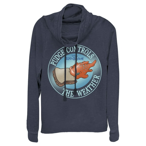 Junior's Lilo & Stitch Pudge Controls the Weather Cowl Neck Sweatshirt Navy Blue Small