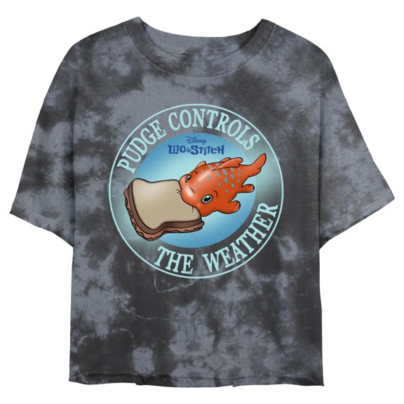 Junior's Lilo & Stitch Pudge Controls the Weather Graphic Crop T-Shirt Black/Charcoal Medium