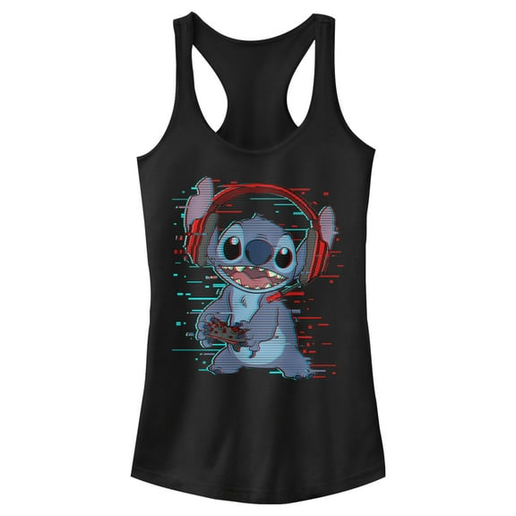 Junior's Lilo & Stitch Red and Blue Gamer  Racerback Tank Top Black Small