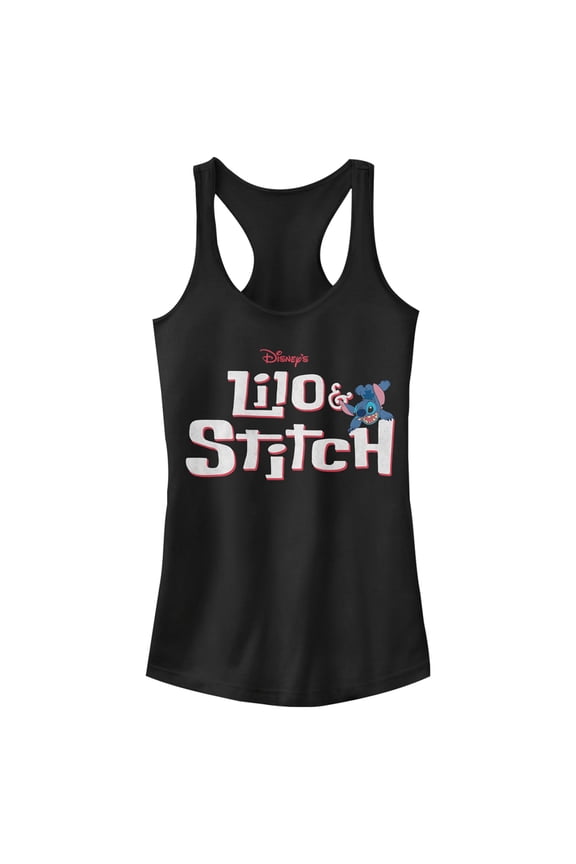 Junior's Lilo & Stitch Red and White Logo Racerback Tank Top Black Small