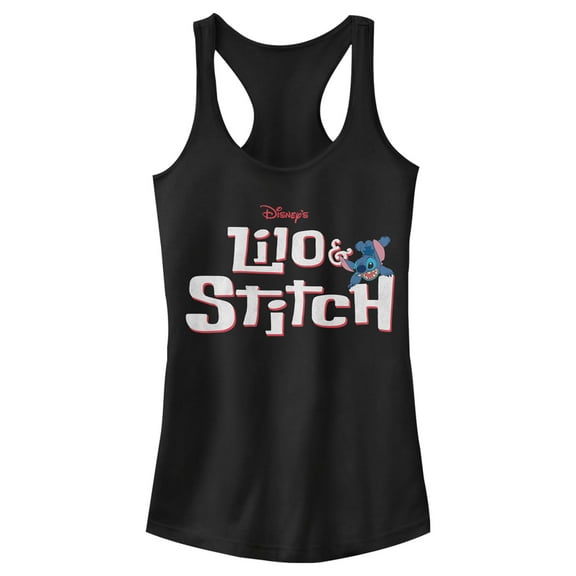 Junior's Lilo & Stitch Red and White Logo  Racerback Tank Top Black X Large