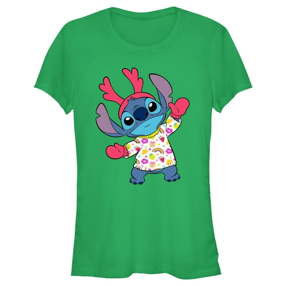 Junior's Lilo & Stitch Reindeer Alien  Graphic Tee Kelly Green X Large