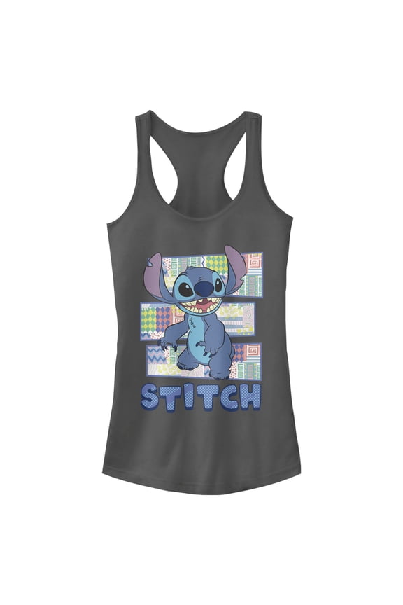 Junior's Lilo & Stitch Retro Pattern Panels Racerback Tank Top Charcoal 2X Large