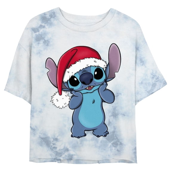 Junior's Lilo & Stitch Santa Stitch Surprise Graphic Crop T-Shirt White/Blue Large